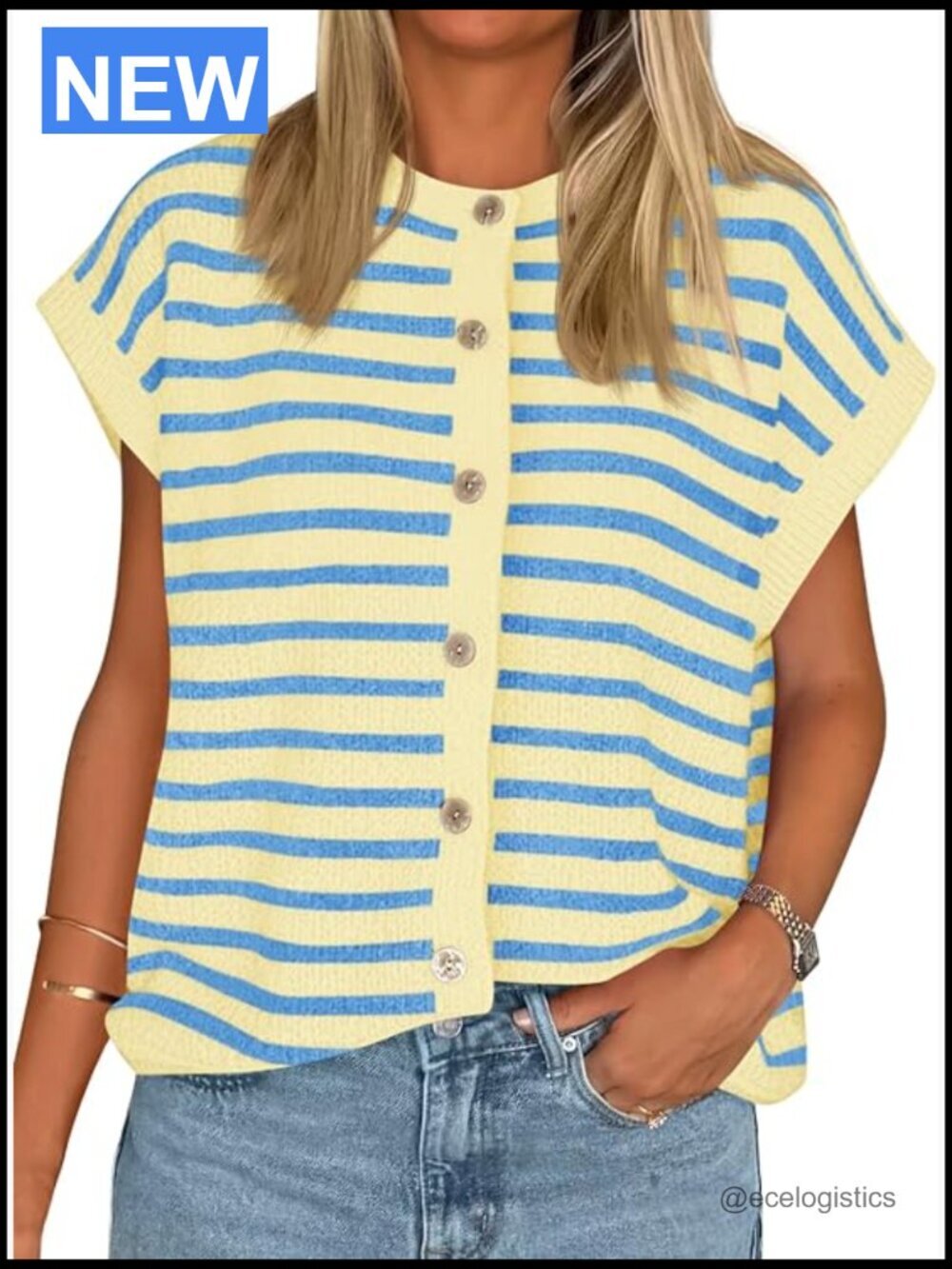 Striped Cap Sleeve Sweater Vest Crew Neck Button Down Cardigan Cute Knit Top